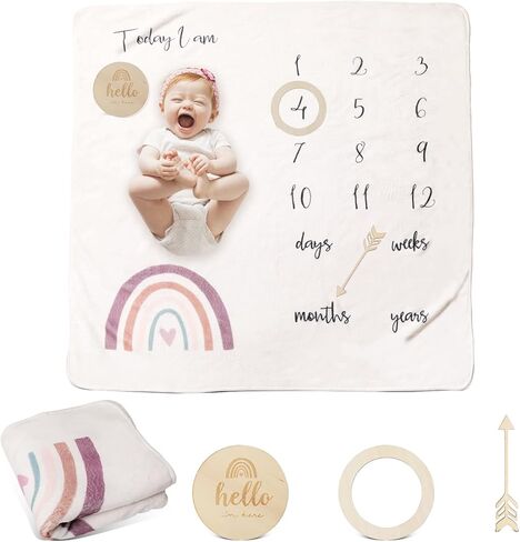 ibwaae Baby Thick Flannel Monthly Milestone Blanket Newborn Growth Chart Soft Neutral Photography Background Blanket (40＂x41＂) with Milestone Card Circle Ring Arrow Gift（Rainbow in Kuwait