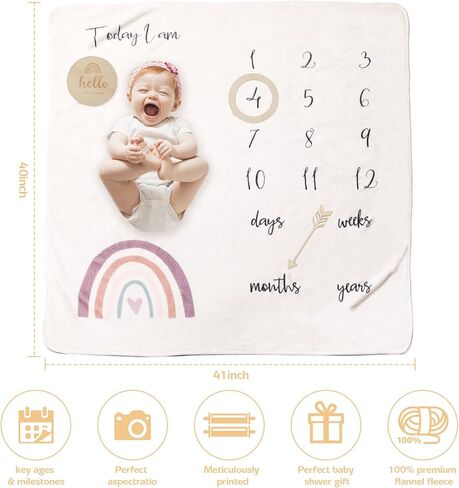 ibwaae Baby Thick Flannel Monthly Milestone Blanket Newborn Growth Chart Soft Neutral Photography Background Blanket (40＂x41＂) with Milestone Card Circle Ring Arrow Gift（Rainbow in Kuwait