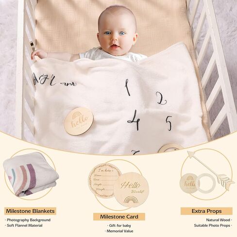 ibwaae Baby Thick Flannel Monthly Milestone Blanket Newborn Growth Chart Soft Neutral Photography Background Blanket (40＂x41＂) with Milestone Card Circle Ring Arrow Gift（Rainbow in Kuwait