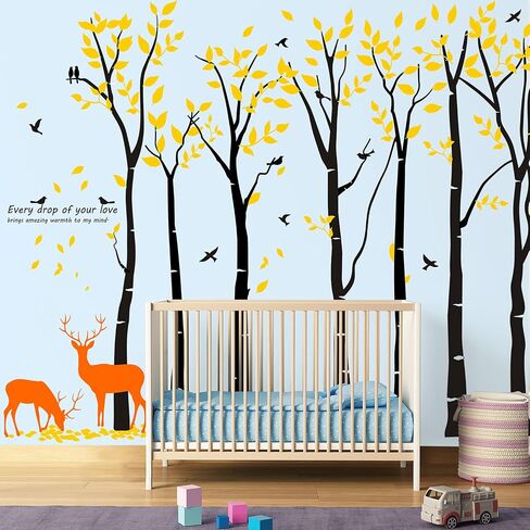 عملاق كبير الغابة 7 شجرة بنية جدار صائق DIY قابل للإزالة الفينيل ملصق أوراق خضراء أوراق الطيور والغزلان خلفية للأطفال فتاة صبي غرفة نوم غرفة المعيشة غرف الحضانة جدران المكاتب المنزلية 118 "× 83" in Kuwait