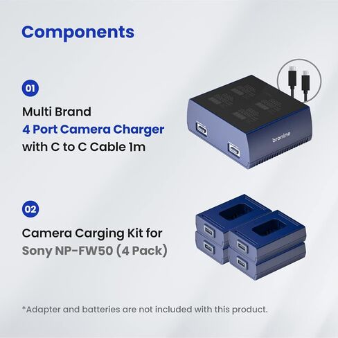 bronine Multi Brand 4 Port Camera Battery Charger & NP-FW50 Charging Kit 4 Pack Compatible with Sony A5100 A6000 A6300 A6400 A6500 Alpha A7 II A7R a7R II a7S II RX10 II III IV in Saudi Arabia