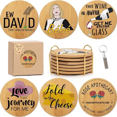 Funny Colored Bamboo Coasters (4") Set of 6, Fold in The Cheese, Unique ＆ Cute Drinks SC TV Coasters with Metal Holder, Great Gifts Idea for Fans, Birthday, Housewarming, Valentine's Day, Christmas in Kuwait