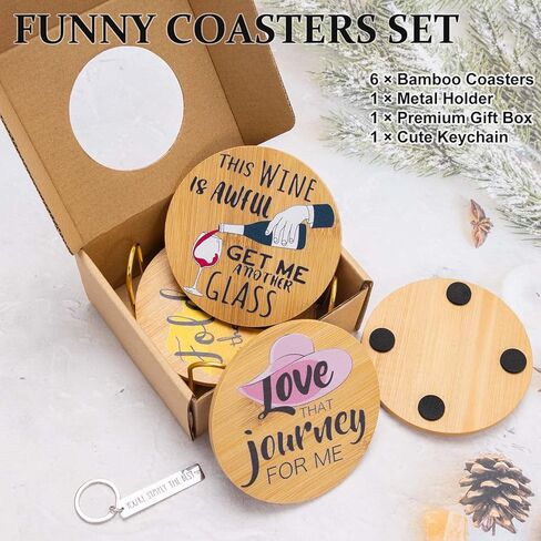Funny Colored Bamboo Coasters (4") Set of 6, Fold in The Cheese, Unique ＆ Cute Drinks SC TV Coasters with Metal Holder, Great Gifts Idea for Fans, Birthday, Housewarming, Valentine's Day, Christmas in Kuwait