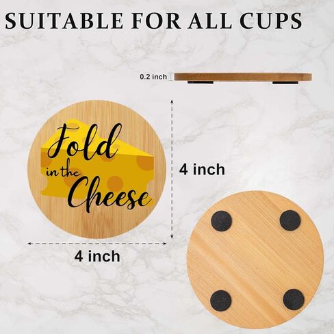 Funny Colored Bamboo Coasters (4") Set of 6, Fold in The Cheese, Unique ＆ Cute Drinks SC TV Coasters with Metal Holder, Great Gifts Idea for Fans, Birthday, Housewarming, Valentine's Day, Christmas in Kuwait