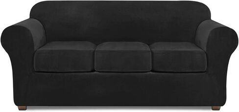 Velvet Couch Covers for 3 Cushion Couch Sofa Slipcover Velvet Plush Stretch Sofa Slipcover 4 Piece Sofa Covers for 3 Cushion Couch Covers Stretch Sofa Covers for Living Room Furniture Covers (Black) in Saudi Arabia