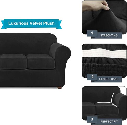 Velvet Couch Covers for 3 Cushion Couch Sofa Slipcover Velvet Plush Stretch Sofa Slipcover 4 Piece Sofa Covers for 3 Cushion Couch Covers Stretch Sofa Covers for Living Room Furniture Covers (Black) in Saudi Arabia