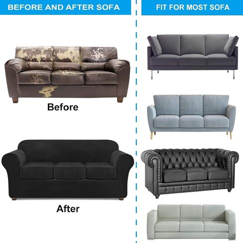 Velvet Couch Covers for 3 Cushion Couch Sofa Slipcover Velvet Plush Stretch Sofa Slipcover 4 Piece Sofa Covers for 3 Cushion Couch Covers Stretch Sofa Covers for Living Room Furniture Covers (Black) in Saudi Arabia