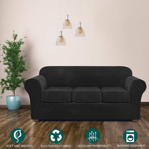 Velvet Couch Covers for 3 Cushion Couch Sofa Slipcover Velvet Plush Stretch Sofa Slipcover 4 Piece Sofa Covers for 3 Cushion Couch Covers Stretch Sofa Covers for Living Room Furniture Covers (Black) in Saudi Arabia