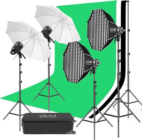 GVM 4 P80S Photography Lighting Kit, Studio Lights with 2 Umbrellas and 2 Softbox, 80W 5600K Video Light with 3 Color Backdrops (Black/White/Green) Background Screen, 9.1x9.8ft Backdrop Stands in Saudi Arabia
