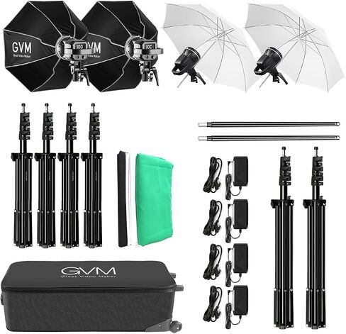 GVM 4 P80S Photography Lighting Kit, Studio Lights with 2 Umbrellas and 2 Softbox, 80W 5600K Video Light with 3 Color Backdrops (Black/White/Green) Background Screen, 9.1x9.8ft Backdrop Stands in Saudi Arabia