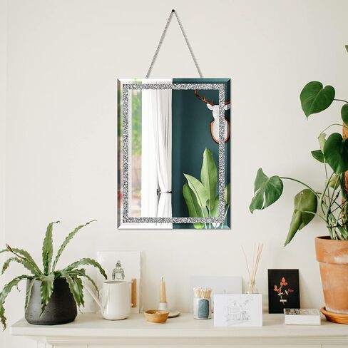 BOMINICA مرآة حائط مستطيلة من الكريستال الماسي مع مرآة بسلسلة من الفولاذ المقاوم للصدأ لغرفة النوم وغرفة المعيشة والممر، 30.48 سم × 40.64 سم in Kuwait