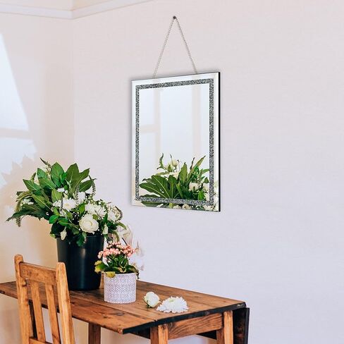 BOMINICA مرآة حائط مستطيلة من الكريستال الماسي مع مرآة بسلسلة من الفولاذ المقاوم للصدأ لغرفة النوم وغرفة المعيشة والممر، 30.48 سم × 40.64 سم in Kuwait