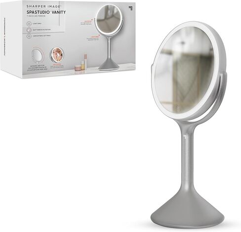 مرآة تجميل Sharper Image® SpaStudio™ مقاس 9 بوصات - مكبر صوت مدمج، صوت بلوتوث لاسلكي، عناصر تحكم في السطوع تعمل باللمس، حلقة إضاءة هالة LED قابلة للتعتيم، تكبير 10X و5X، غلاف مكياج تجميلي in Kuwait