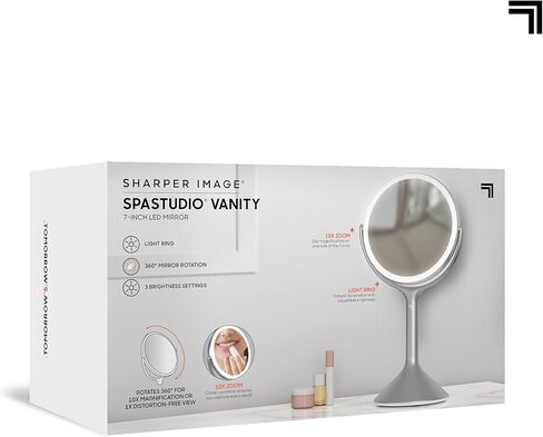 مرآة تجميل Sharper Image® SpaStudio™ مقاس 9 بوصات - مكبر صوت مدمج، صوت بلوتوث لاسلكي، عناصر تحكم في السطوع تعمل باللمس، حلقة إضاءة هالة LED قابلة للتعتيم، تكبير 10X و5X، غلاف مكياج تجميلي in Kuwait