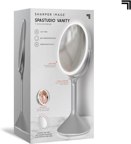 مرآة تجميل Sharper Image® SpaStudio™ مقاس 9 بوصات - مكبر صوت مدمج، صوت بلوتوث لاسلكي، عناصر تحكم في السطوع تعمل باللمس، حلقة إضاءة هالة LED قابلة للتعتيم، تكبير 10X و5X، غلاف مكياج تجميلي in Kuwait