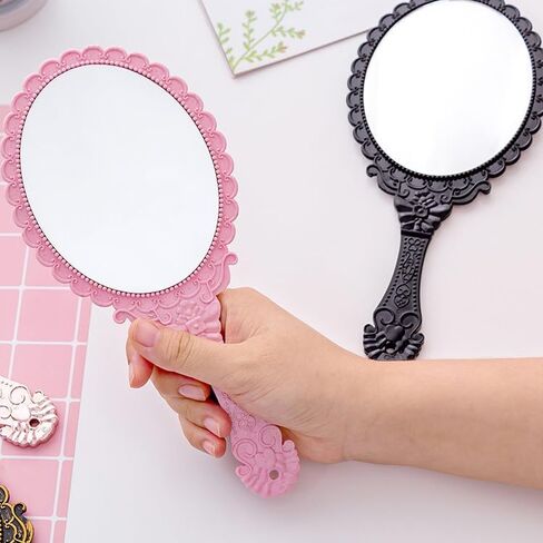 AKOAK Vintage Handheld Makeup Mirror, Exquisite Embossed Decorative Handle Makeup Mirror Portable Travel Mirror for Girls and Ladies (Oval, Black) in Saudi Arabia
