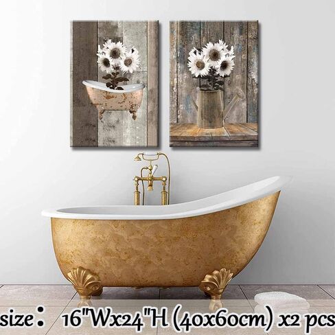 2 Pcs Framed Rustic Farmhouse White Sunflowerf Canvas Wall Art Vintage Flower Wood Grain Bathtub Pictures Paintings Posters Prints Wall Decor for Bathroom Living Room Bedroom Hotel Artwork 12x16inch×2 in Saudi Arabia