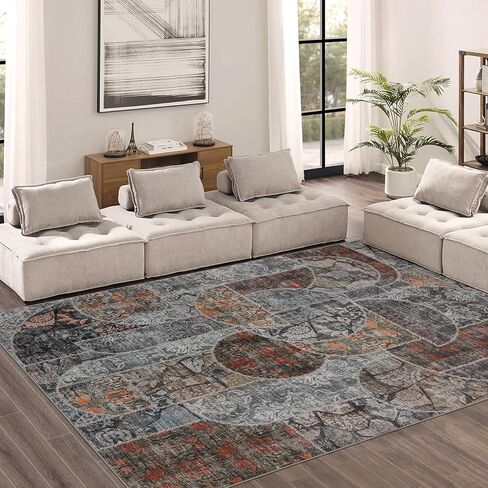 Washable Rug 8x10 Area Rugs for Living Room, Soft Large Area Rug with Low Pile Non-Slip Backing, Vintage Patchwork Indoor Floor Carpet for Bedroom Dining Room Nursery Office-Blue in Kuwait
