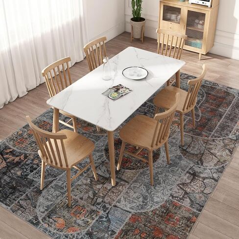 Washable Rug 8x10 Area Rugs for Living Room, Soft Large Area Rug with Low Pile Non-Slip Backing, Vintage Patchwork Indoor Floor Carpet for Bedroom Dining Room Nursery Office-Blue in Kuwait