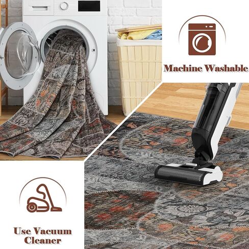 Washable Rug 8x10 Area Rugs for Living Room, Soft Large Area Rug with Low Pile Non-Slip Backing, Vintage Patchwork Indoor Floor Carpet for Bedroom Dining Room Nursery Office-Blue in Kuwait