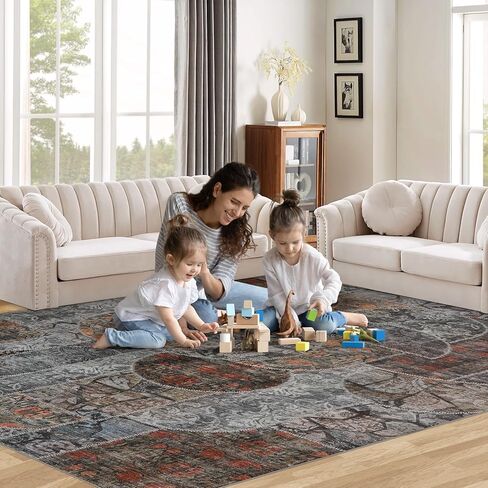 Washable Rug 8x10 Area Rugs for Living Room, Soft Large Area Rug with Low Pile Non-Slip Backing, Vintage Patchwork Indoor Floor Carpet for Bedroom Dining Room Nursery Office-Blue in Kuwait