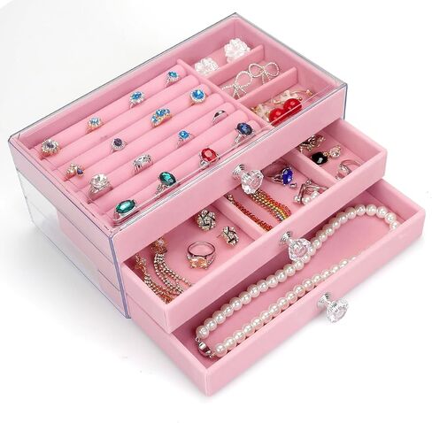 صندوق منظم مجوهرات أكريليك من توكين، صندوق منظم لتخزين مستحضرات التجميل، علبة مجوهرات شفافة مع 3 أدراج، صندوق مجوهرات قابل للتعديل، صواني مخملية بحجم شبكي (وردي) in Kuwait