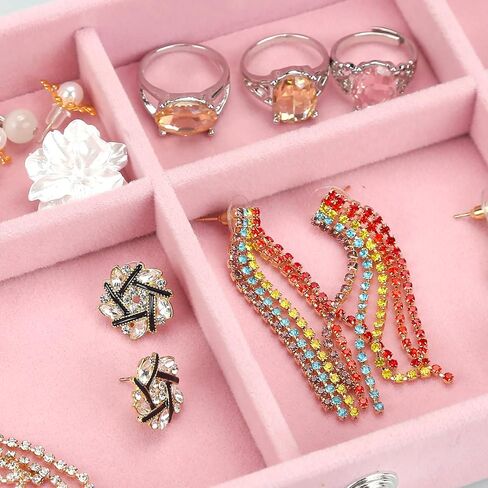 صندوق منظم مجوهرات أكريليك من توكين، صندوق منظم لتخزين مستحضرات التجميل، علبة مجوهرات شفافة مع 3 أدراج، صندوق مجوهرات قابل للتعديل، صواني مخملية بحجم شبكي (وردي) in Kuwait