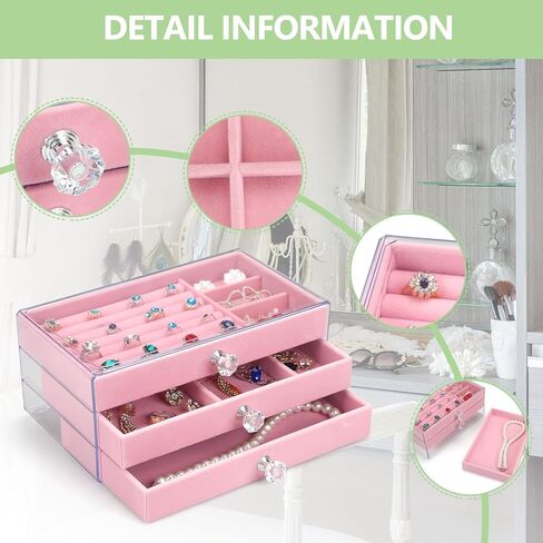 صندوق منظم مجوهرات أكريليك من توكين، صندوق منظم لتخزين مستحضرات التجميل، علبة مجوهرات شفافة مع 3 أدراج، صندوق مجوهرات قابل للتعديل، صواني مخملية بحجم شبكي (وردي) in Kuwait