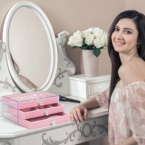 صندوق منظم مجوهرات أكريليك من توكين، صندوق منظم لتخزين مستحضرات التجميل، علبة مجوهرات شفافة مع 3 أدراج، صندوق مجوهرات قابل للتعديل، صواني مخملية بحجم شبكي (وردي) in Kuwait