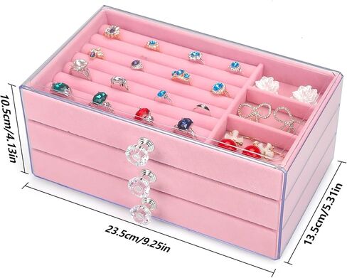صندوق منظم مجوهرات أكريليك من توكين، صندوق منظم لتخزين مستحضرات التجميل، علبة مجوهرات شفافة مع 3 أدراج، صندوق مجوهرات قابل للتعديل، صواني مخملية بحجم شبكي (وردي) in Kuwait