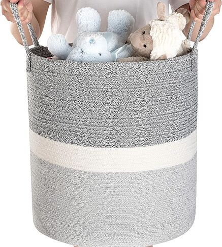سلة تخزين كبيرة منسوجة لبطانية غرفة المعيشة أو ملابس الغسيل أو ألعاب الأطفال - سلة من الحبال القطنية المزخرفة - صناديق تخزين غرفة اللعب - سلال مستديرة طويلة للتنظيم مقاس 40.64 سم عمقًا × 45.72 سم ارتفاعًا in Kuwait
