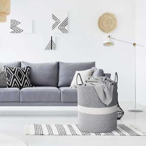 سلة تخزين كبيرة منسوجة لبطانية غرفة المعيشة أو ملابس الغسيل أو ألعاب الأطفال - سلة من الحبال القطنية المزخرفة - صناديق تخزين غرفة اللعب - سلال مستديرة طويلة للتنظيم مقاس 40.64 سم عمقًا × 45.72 سم ارتفاعًا in Kuwait