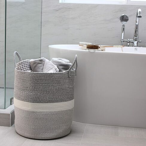 سلة تخزين كبيرة منسوجة لبطانية غرفة المعيشة أو ملابس الغسيل أو ألعاب الأطفال - سلة من الحبال القطنية المزخرفة - صناديق تخزين غرفة اللعب - سلال مستديرة طويلة للتنظيم مقاس 40.64 سم عمقًا × 45.72 سم ارتفاعًا in Kuwait