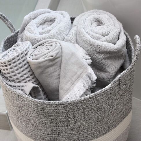 سلة تخزين كبيرة منسوجة لبطانية غرفة المعيشة أو ملابس الغسيل أو ألعاب الأطفال - سلة من الحبال القطنية المزخرفة - صناديق تخزين غرفة اللعب - سلال مستديرة طويلة للتنظيم مقاس 40.64 سم عمقًا × 45.72 سم ارتفاعًا in Kuwait