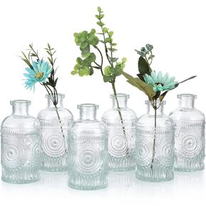 6 قطع من مزهريات برعم زجاجية من MDLUU، مزهريات زجاجات صيدلية، زجاجات زجاجية مزخرفة منقوشة بعباد الشمس لقطعة مركزية لحفلات الزفاف، ديكور المنزل (أزرق) in Kuwait