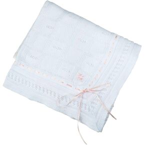 Feltman Brothers Baby Girls White Christening Baptism Shawl Blanket Pink Ribbon Trim, White/Pink, 48 x 48