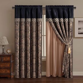مجموعة Chezmoi Collection Vienna ستائر/ستائر نافذة مطرزة بالزهور مكونة من 4 قطع مع ظهر شفاف، ستارة قصيرة، شرابات، بني داكن داكن in Kuwait