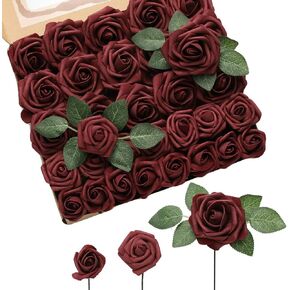 DerBlue 60pcs Three Different Sizes Artificial Foam Roses with Stems and 10pcs Leaves for DIY Wedding Bouquets Corsages Baby Shower Cake Flower Decorations (Cream&Blush)