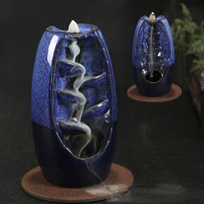 YYXHZC حامل بخور بتدفق خلفي على الجانبين، مبخرة شلال من السيراميك مصنوعة يدويًا مع 120 مخروط بخور بتدفق خلفي + 30 عصا بخور، زينة منزلية برائحة العلاج العطري (أزرق) in Kuwait