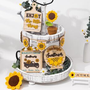 Sunflower Decor | Sunflower Farmhouse Tiered Tray Decor -Sunflower Decorations for Home - Sunflower Gifts for Women - Crochet Sunflowers - Wooden Signs for Kitchen (Yellow) in Kuwait