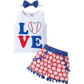 Baby Infant Toddler Girl Baseball Outfit Sleeveless T-Shirt Tops Tassel Shorts Set with Headband 3Pcs