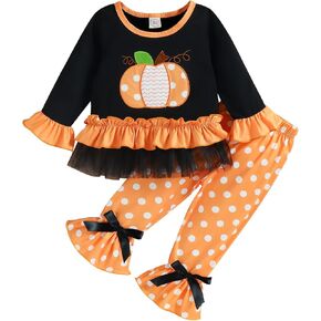 DUBASAM أطفال طفل رضيع فتاة هالوين الزي كشكش الدانتيل اليقطين تي شيرت نقطة علوية مضيئة السراويل 2 قطعة مجموعة ملابس الخريف in Kuwait