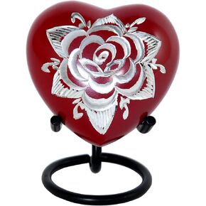 تذكار قلب الوردة الحمراء - جرة حرق جثث القلب الصغيرة مع حامل وصندوق ممتاز - جرة تذكار أرجوانية للرماد - جرة صغيرة للرماد للبالغين من الذكور والإناث in Kuwait