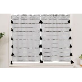 ستارة نافذة قصيرة مزينة بشرابة من YoKii Boho سوداء مخططة لتزيين غرفة المطبخ والحمام وغرفة المعيشة وديكور زوج من العرض 24 × الطول 36 الأبيض الفاتح in Kuwait
