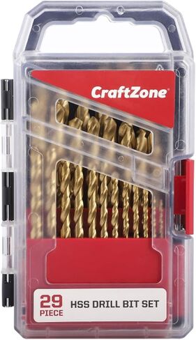 مجموعة رؤوس مثقاب معدنية من الفولاذ عالي السرعة مطلية بنتريد التيتانيوم 29 قطعة من CRAFTZONE، نقطة انقسام 135 درجة، 1/16 بوصة - 1/2 بوصة للخشب والبلاستيك وسبائك الألومنيوم والمعادن مع حقيبة تخزين in Kuwait