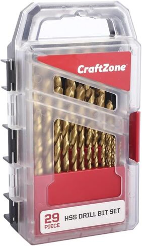 مجموعة رؤوس مثقاب معدنية من الفولاذ عالي السرعة مطلية بنتريد التيتانيوم 29 قطعة من CRAFTZONE، نقطة انقسام 135 درجة، 1/16 بوصة - 1/2 بوصة للخشب والبلاستيك وسبائك الألومنيوم والمعادن مع حقيبة تخزين in Kuwait