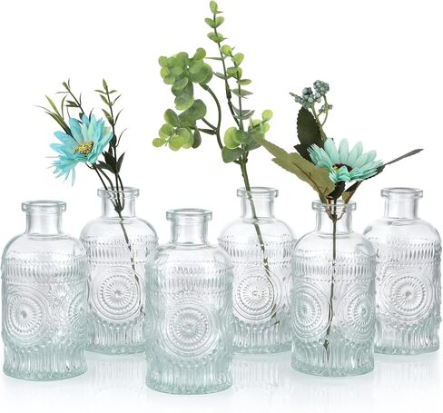 6 قطع من مزهريات برعم زجاجية من MDLUU، مزهريات زجاجات صيدلية، زجاجات زجاجية مزخرفة منقوشة بعباد الشمس لقطعة مركزية لحفلات الزفاف، ديكور المنزل (أزرق) in Kuwait