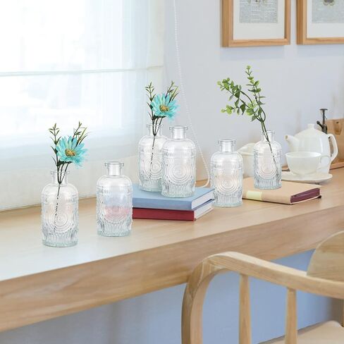 6 قطع من مزهريات برعم زجاجية من MDLUU، مزهريات زجاجات صيدلية، زجاجات زجاجية مزخرفة منقوشة بعباد الشمس لقطعة مركزية لحفلات الزفاف، ديكور المنزل (أزرق) in Kuwait