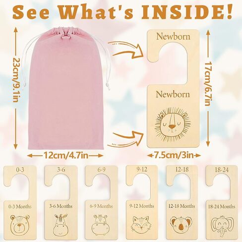 والين فواصل مقاسات خزانة الاطفال من 7 قطع، منظم خزانة خشبي معلق على شكل حيوانات لطيفة لحديثي الولادة الى 24 شهر، منظم خزانة ملابس اطفال سميك مع شنطة مخملية وردية للمنزل والحضانة وملابس الاطفال in Kuwait