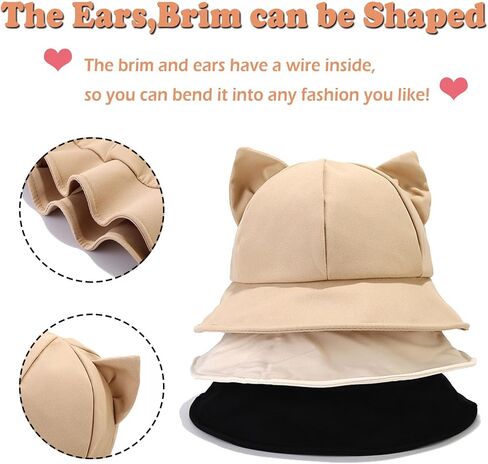 Ladies Cat Ears Bucket Hat Solid Color Fisherman Hat for Women Folding Sun Hat Y2K Style in Saudi Arabia